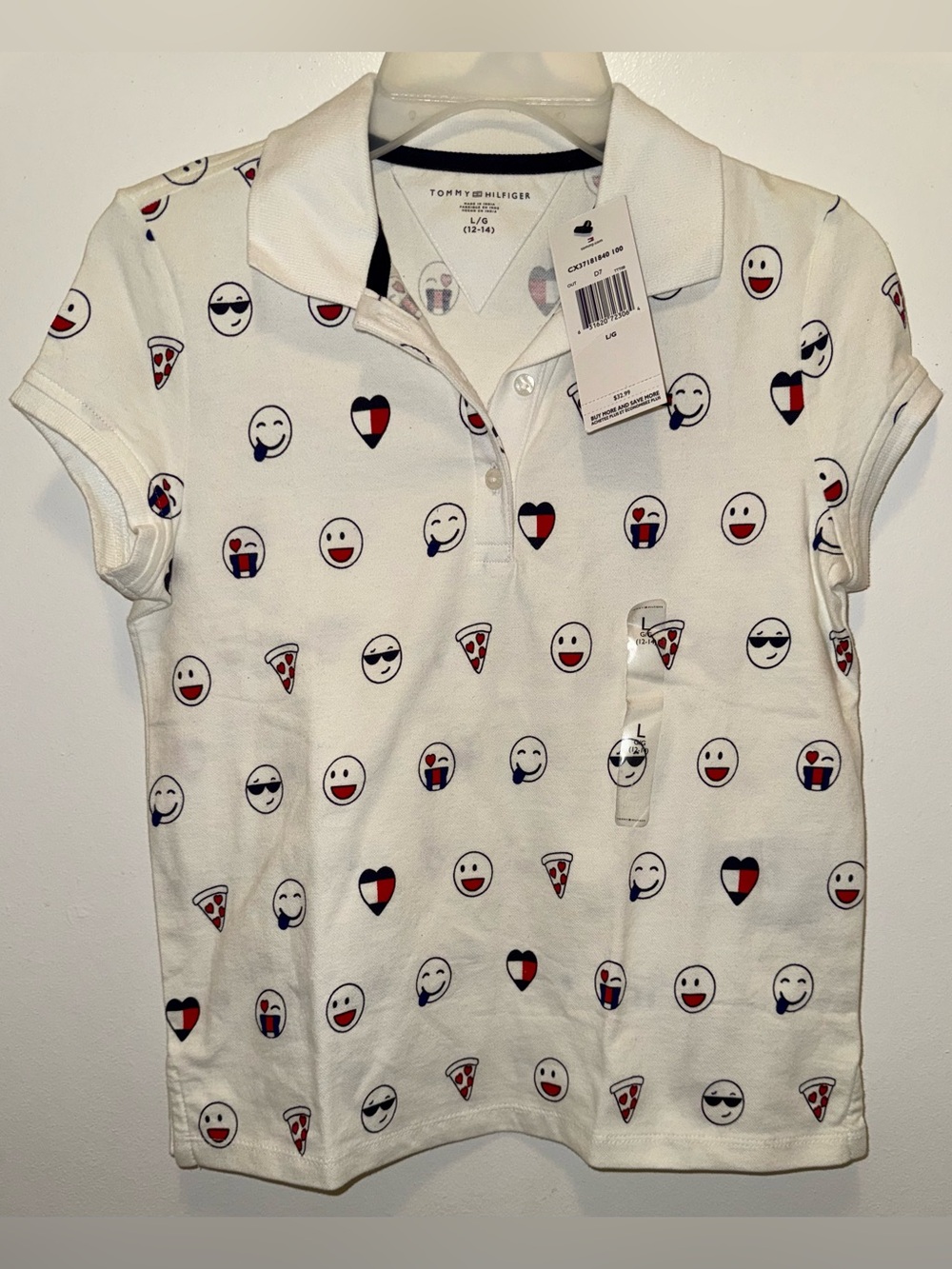 Tommy Hilfiger White Girls' Emoji Print Polo with Red & Navy Accents